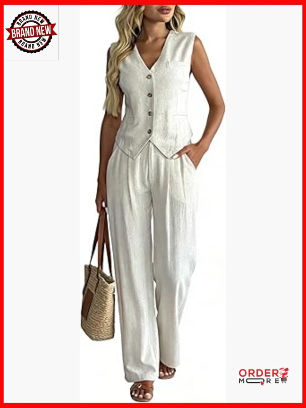 Women's Cotton Linen 2 Piece Set Sleeveless Crop Top Vest Wide Leg Pantsuit